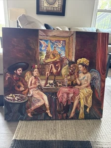 Oil Painting Unframed In a Bar With Topless Girl Angels Original Art - Picture 1 of 12