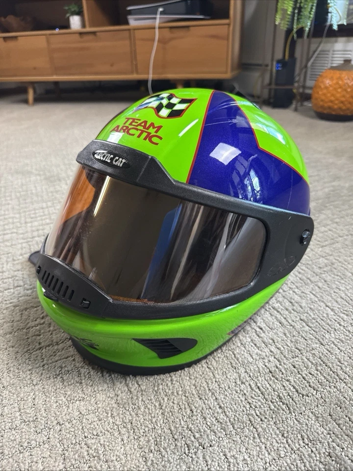 Arctic Cat Adult SM Vintage 90s Snowmobile Helmet Full Face Green/Purple/Checker - Image 1 of 4