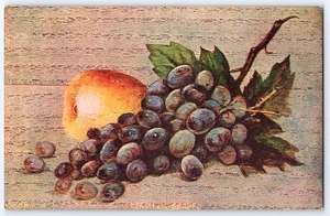 Arte postal vintage de melocotón y uvas naturaleza muerta fruta 5288 principios de 1900 sin usar - Imagen 1 de 2