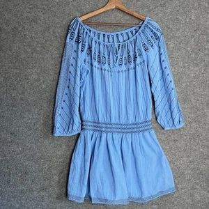 100% Cotton Dress Womens L Blue Boho Cottagecore Peasant Embroidered Midi - Picture 1 of 10