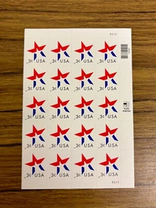3 cent stamps USA red white blue STAR pane sheet of 20 USPS self adhesive B222 - Picture 1 of 3