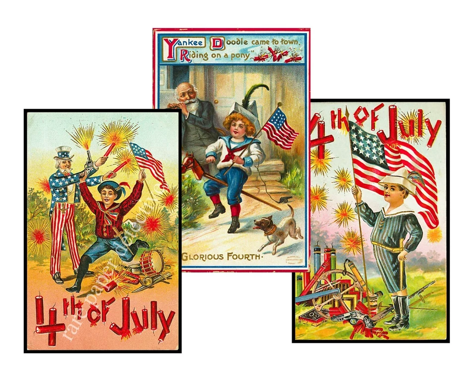 4th of  July Sticker REPRODUCTIONS, Set of 3, Postcard Inspired, 3.5 x 5.5" Each - Image 1 of 1