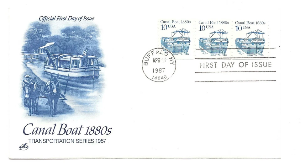 2257 10c Canal Boat 1880s coil ArtCraft, strip of 3  FDC  - Image 1 of 1