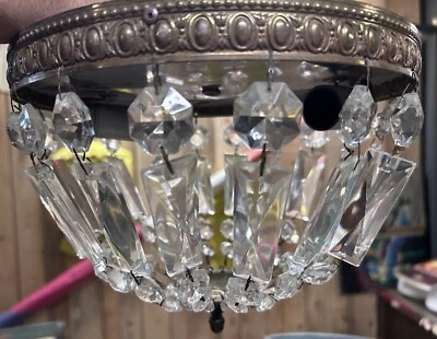 Lustre Montgolfière Pampille de Cristal Lampe Ancien Bronze Doré Plafonnier - Photo 1/4