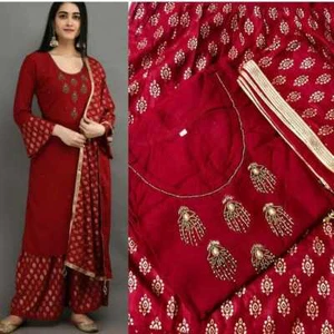 India Bollywood Hermosa Mujer Rayón Rojo Color Kurta con Pintura Dupatta Set - Imagen 1 de 3