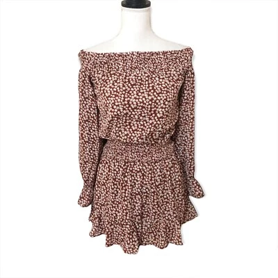 LE LIS NWT Romper Floral Off The Shoulder Sz S Brown White Ruffle Cinched Waist - Image 1 of 4