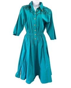 Vintage Western swing dress Fit and Flare Small Turquoise Rockabilly Rodeo - Picture 1 of 16