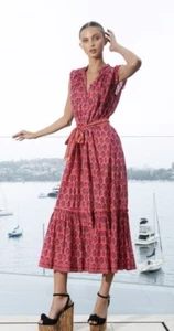LOLA Australia Leo Long Dress Sz S In Mia Strawberry With Waist Tie - Picture 1 of 6