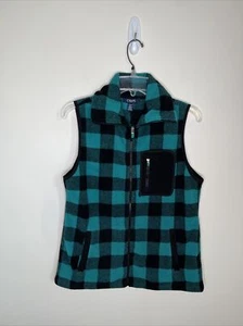 Chaps Women's Teal & Black Plaid Full Zip Sleeveless Fleece Vest EC - Picture 1 of 10