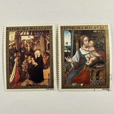 Sello postal 1974 de Madagascar correo aéreo pintura artística Noel Cristo Niño Jesús Foto 1 de 4