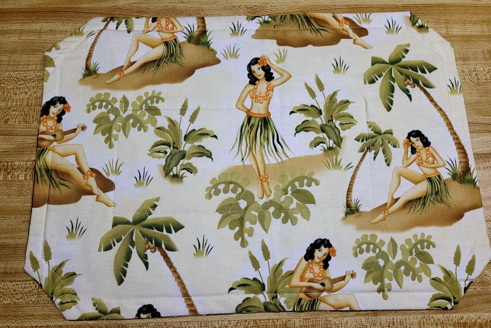 6 Vintage Quilted Placemats. “Hula Girls” Fabric. 17"x12 Mid-Century Mod - Image 1 of 4