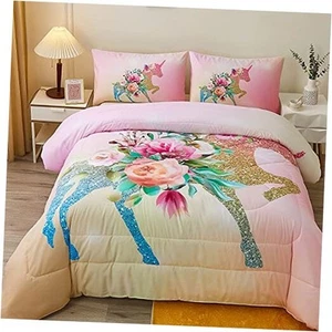 Floral Unicorn Bedding Comforter Sets Girls Unicorn Pink Roses Comforter 3 - Picture 1 of 8