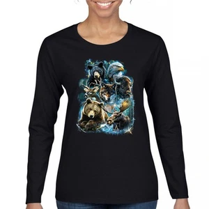 Wildlife Collage Women's Long Sleeve T-shirt Animal Nature Lovers Wolf Forest - Picture 1 of 50
