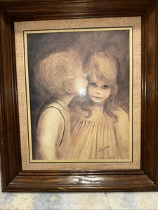 Vtg Print~Margaret Kane “A Little Kiss” Boy & Big Eye Girl~Solid Wood Framed Box - Picture 1 of 5