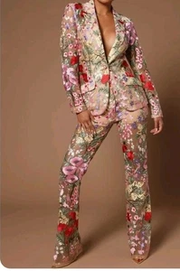 Fashion Nova Erin Embroidered Suit XS Blazer and Matching Pants Nude/ Combo - Picture 1 of 15