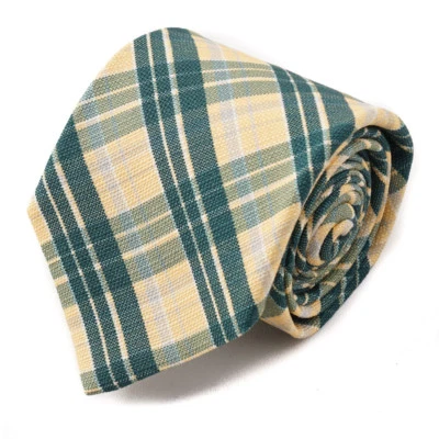 New $230 ISAIA NAPOLI Green and Light Yellow Plaid Check Print Silk Tie - Image 1 of 4