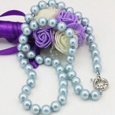 Collar de cuentas redondas de perlas concha de mar del Sur azul claro natural de 8 mm de 20"" Foto 1 de 4