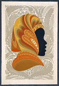 Caribbean Theme Print on Silk Vibrant Scarfed Woman ca. Mid-Century 19" x 27" - Picture 1 of 5