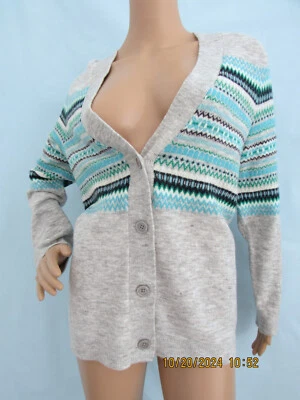 NUEVO CON ETIQUETAS TALBOTS MUJER Talla X Gris/Multi Geométrico Manga Larga Cárdigan Abotonado Foto 1 de 4