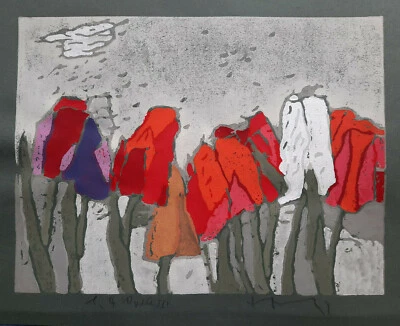 Klaus Fussmann, sehr seltener Linolschnitt Tulpen e.a. Probe III museales Werk  - Bild 1 von 2