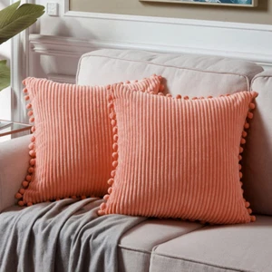 Pack of 2 Coral Decorative Throw Pillow Covers 18X18 Inch with Pom-Poms for Livi - Picture 1 of 12