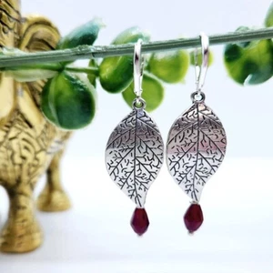 Handcrafted Antique Silver Leaf Dangle Earrings with Red Beads - Picture 1 of 4