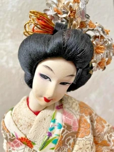 Vintage Japanese Lady Geisha Doll on Wooden Base 16" tall in cream & red - Picture 1 of 6
