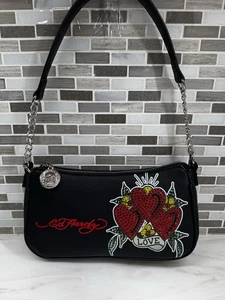 Ed Hardy Black Shoulder Crossbody Bag with Rhinestone Heart Love Design - Picture 1 of 10