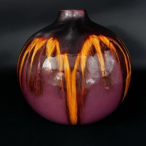 Large Vtg Studio Pottery Vase Lava Drip Glaze Burgundy Orange Art MCM Decor - Picture 1 of 12