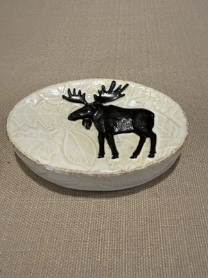 Moose Design Ceramic Soap Dish Black Moose Silhouette Off White Leaf Pattern - Image 1 of 4
