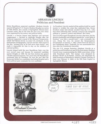 First Day Cover, Postal Commemorative Society 2009, Abraham Lincoln, 4382 4383 - Image 1 of 2