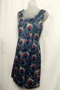 Teaberry Pencil Dress Size 16 Sleeveless Stretch Cotton Peacock Feather Print - Picture 1 of 7