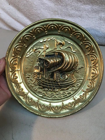 vtg Brass Stove pipe cover plate fire place Sailing Ship Nautical 10in Cover