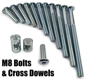 M8 Joint Fixing Furniture Connector Bolts & Cross Dowel Barrel Nuts Unit Bed Cot - Picture 1 of 1