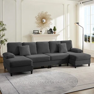 U Shaped Sectional Sofa,Corduroy Sectional Couch,4 Seat Sofa with Double Chaise - Picture 1 of 25