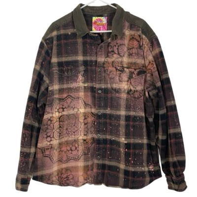 Handmade Floral Flannel Shirt Shacket Womens Plus XXL Bleached Plaid Button Down - Image 1 of 4