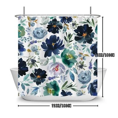 Dark Blue Flower Shower Curtain 72x72" Navy Floral Green Watercolor with Hooks - Image 1 of 4