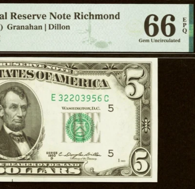 1950D $5 Federal Reserve Note PMG 66EPQ wanted gem Richmond EC Block Fr 1965-E - Image 1 of 3