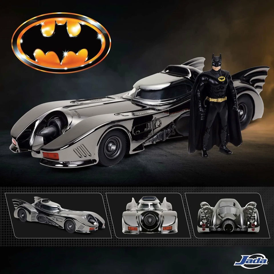 Batman 1989 Movie Batmobile Black Chrome Finish 1:24 Die-Cast Metal w/ figure - Image 1 of 4