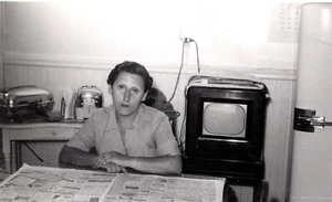 A WOMAN AND HER ANTIQUE APPLIANCES : TELEVISION, TOASTER, WAFFLE IRON, & FRIDGE - Picture 1 of 3