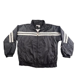 VTG Jerzees Windbreaker Track Jacket Mens Large Black Full Zip Lined Striped Y2K - Picture 1 of 16