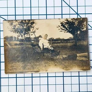 RPPC Vintage Real Photo Postcard Baby in Pram Early 1900s Velox Paper - Picture 1 of 3