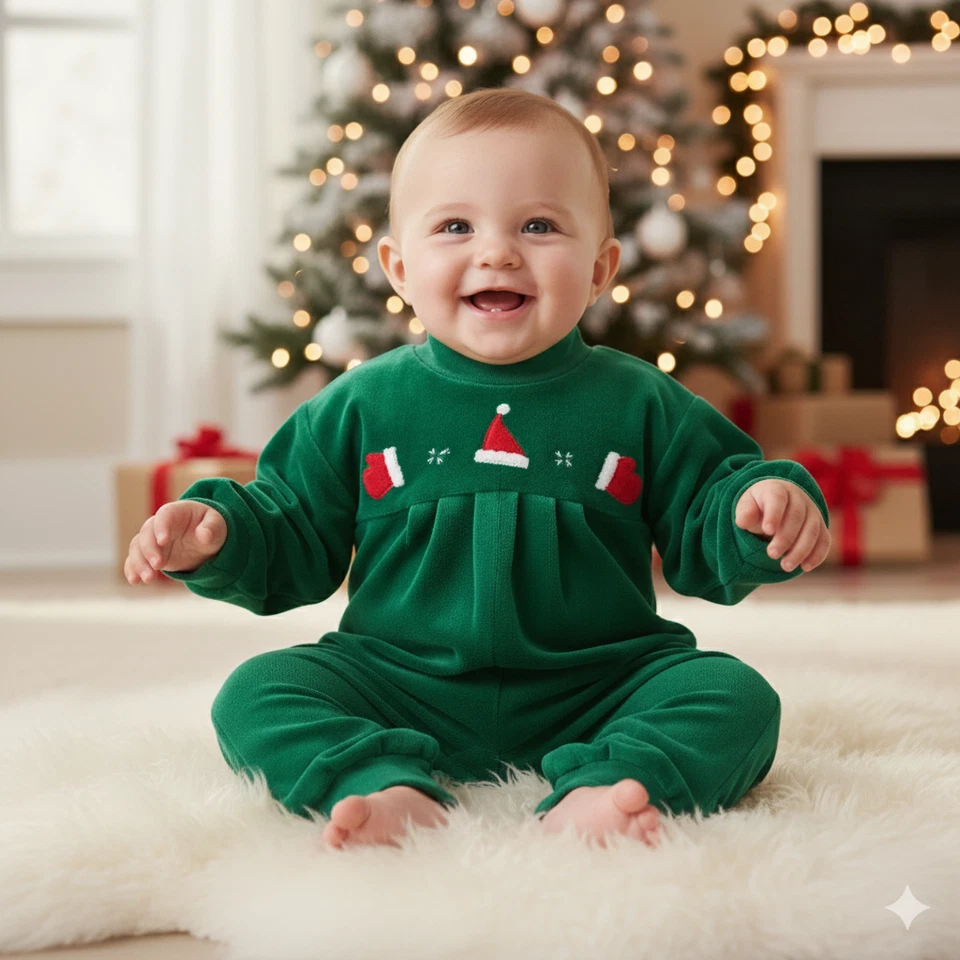 De Colección Talbots Niños Bebé Pijama 6 Meses Terciopelo Navidad Mameluco Verde Papá Noel Sombrero Foto 1 de 4
