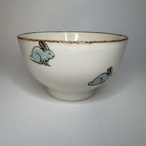 Bowl Embossed Pale Blue Bunnies Distressed Borders Footed Cereal Bowl Portugal - Picture 1 of 8