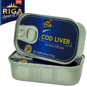 PAQUETE DE 6 HÍGADO DE BACALAO 121g LO MEJOR DE RIGA LIBRE DE OGM Hecho en Letonia Печень Трески - Imagen 1 de 2