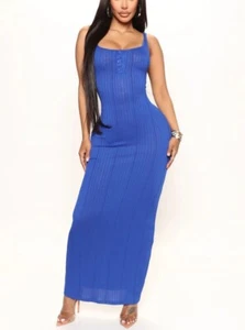 WOMEN'S NEW BLUE RIBBED KNIT SWEATER BODYCON MAXI DRESS SIZE LARGE - Picture 1 of 3