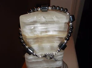 MEN'S HANDMADE 8 3/4" 12 & 8 MM BLACK HEMATITE STERLING SILVER BEAD BRACELET - Picture 1 of 7