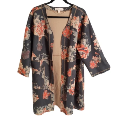 Philosophy Brown Boho Floral Faux Microsuede Longline Kimono Jacket 2X Plus - Image 1 of 4