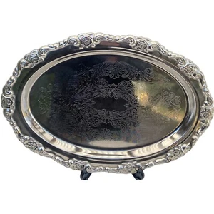 Oval Silver Plated Serving Tray Engraved Floral Vine Border Trim Edging - Picture 1 of 5