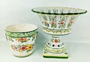 Hand Made Casa Pupo Portuguese Pottery Lattice fruit bowl + a flower pot Floral - Picture 1 of 14